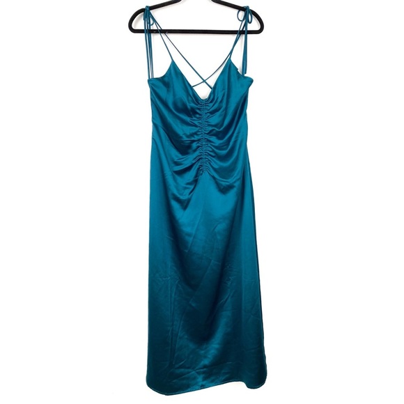 NWOT‎ Jason Wu Strappy Silky Ruched Front Midi Dress, Teal - Size L - Picture 3 of 8